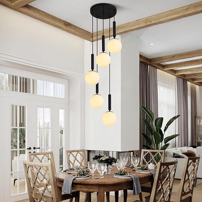 KCO Lighting 5 Light Cluster Pendant Lighting White Globe Chandelier Light Fixture Large Milk Glass Chandelier Matte Black Stairway Hanging Lighting Multi Pendant Hanging Light Fixture