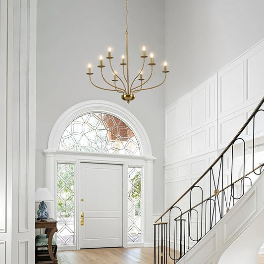 Gold Chandelier Light Fixture 9 Light Brass Chandelier for Dining Room, 30” Large Chandeliers for High Ceilings, Industrial Candle Farmhouse Chandelier for Living Room Kitchen Bedroom Entryway