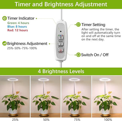 LORDEM Grow Light, LED Plant Light for Indoor Plants Growing, Full Spectrum Desk Growth Lamp with Automatic Timer for 4H/8H/12H, 4 Dimmable Levels, Height Adjustable 9.8"-30.6", 2 Pack