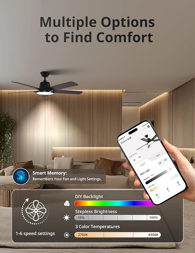 Orison Ceiling Fans with Lights, 52 inch Low Profile Ceiling Fan with RGB Backlight, Flush Mount Ceiling Fan with Remote and App Control,White Bedroom Fan, 6 Speeds, 5 Reversible Blades (Black RGB)