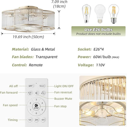 20" Gold Crystal Ceiling Fan with Light, Crystal Flush Mount Ceiling Fan with Light Remote Control, Caged Enclosed with 6 Speeds for Bedroom, Living Room, Foyer, Nursery (Clear)