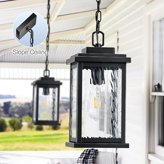 VIANIS Large Anti-Rust Outdoor Chandelier with Adjustable Wire, Black Pendant Light with Water Glass for Porch, Garden,Garage, Easy-to-Install Outdoor Hanging Lantern Suiting for Sloped Ceiling