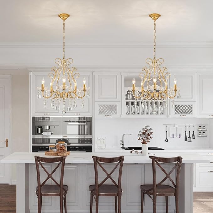 WUZUPS 5-Light Crystal Candle Chandelier Pendant Ceiling Light Modern Lighting Fixture for Bedroom Hallway Bar Kitchen Bathroom, H 23.2" W 20.7", E12 Base, Gold