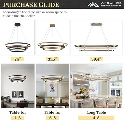 3 Ring LED Chandelier Black Round Chandelier Light Fixture Dimmable Farmhouse Foyer Chandeliers Light Wood-Printed Circular Chandeliers for Dining Room Entry Bedroom Office Living Room 24in