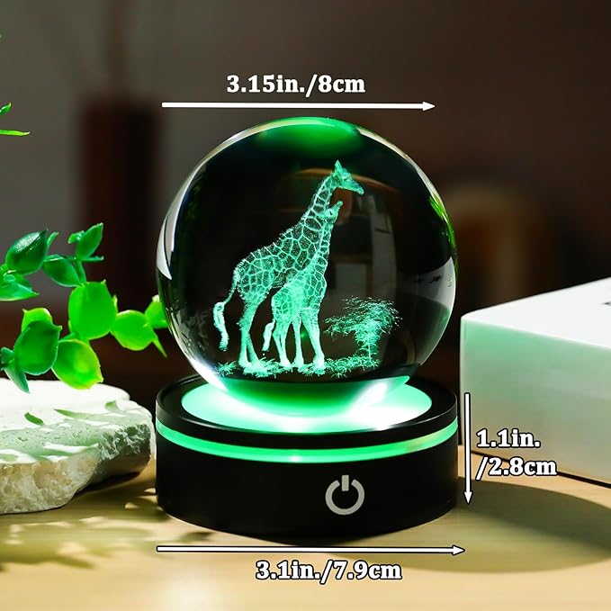 YWHL 3D Giraffe Crystal Ball Figurine with Colorful Light Base, Giraffes Gifts for Women Men on Birthday Christmas, Laser Engraved Giraffes Statue Glass Animal Decorative Ball for Home Decor (80mm)