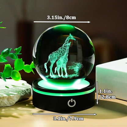YWHL 3D Giraffe Crystal Ball Figurine with Colorful Light Base, Giraffes Gifts for Women Men on Birthday Christmas, Laser Engraved Giraffes Statue Glass Animal Decorative Ball for Home Decor (80mm)