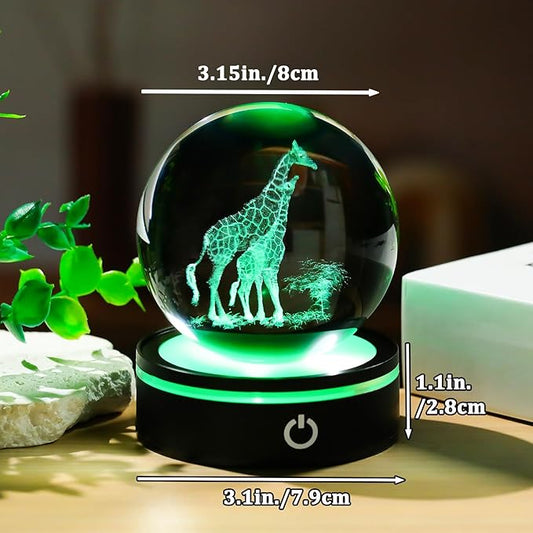 YWHL 3D Giraffe Crystal Ball Figurine with Colorful Light Base, Giraffes Gifts for Women Men on Birthday Christmas, Laser Engraved Giraffes Statue Glass Animal Decorative Ball for Home Decor (80mm)