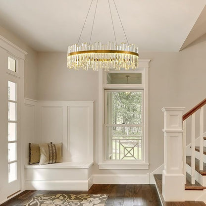 Gold Led Modern Crystal Chandelier: 31.5" Round Contemporary 3 Color Dimmable Large Dining Room Light Fixture over Table - Adjustable luxury Lighting for Bedroom Living Kitchen Island Entryway Foyer
