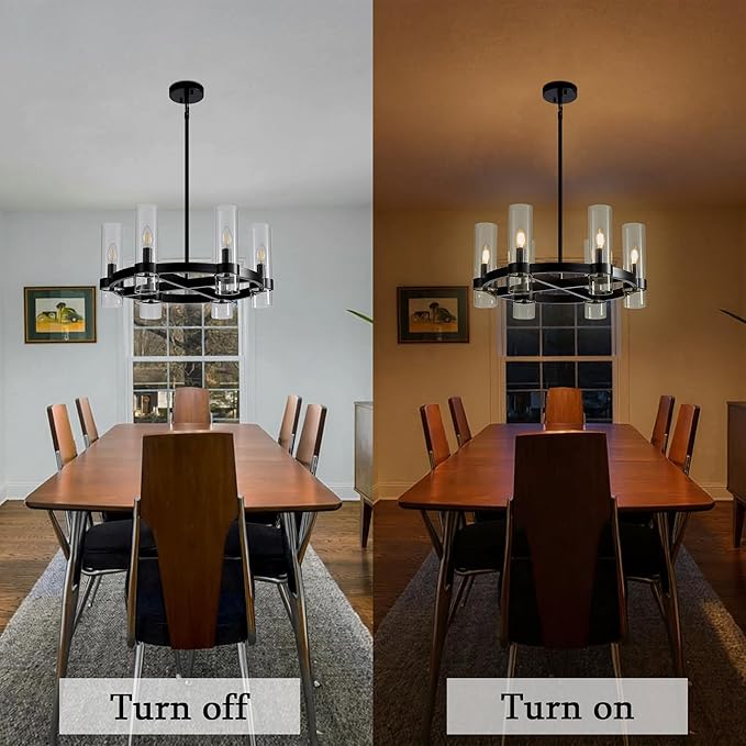 22 Inch Black Cross Wagon Wheel Chandelier with Glass Shades, 6 Lights X-Frame Farmhouse Chandelier, Modern Rustic Pendant Light for Dining Room, Kitchen Island, Entryway