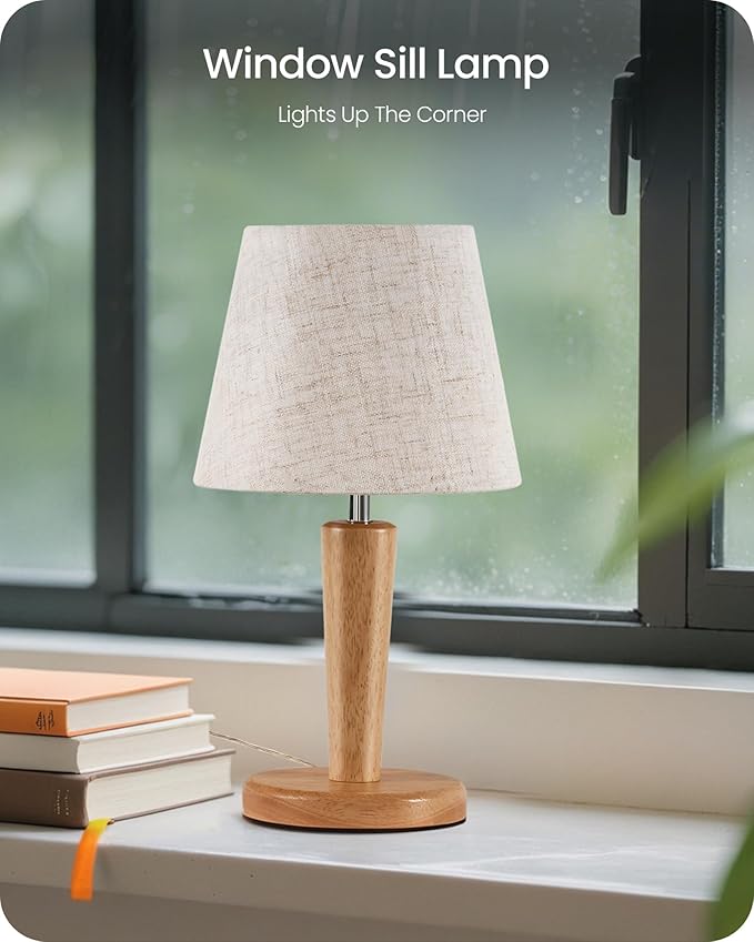 12" Wood Bedside Table Lamps Set of 2, Small Desk Lamps for Small Places, 3 Color Temperatures with Memory, Beige Linen Shade & E26 Bulbs, for Bedroom Living Room Office ME13TLP205