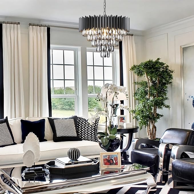 A AXILIXI Black Crystal Chandeliers,Contemporary 24'' Modern Ceiling Lights Fixtures Flush Mount Pendant Light 12 Lights 5-Tiers K9 Large Hanging Lamp for Entryway Dinning Room Living Room Bedroom