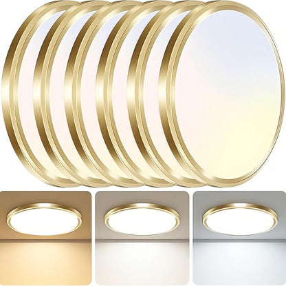 zemty 6Pack 6.5Inch LED Ceiling Lights Gold, 12W 1200lm Small Flush Mount Light Fixture, 3000K/ 4000K/ 6500K Round Flat Recessed Ceiling Lights for Kitchen, Closet, Hallway,Pantry
