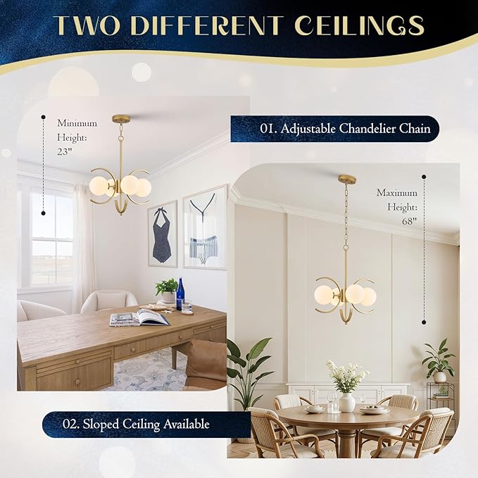 Modern Gold Sputnik Chandelier L16.5”4-Light Mid Century Milk Glass Globe Ceiling Pendant Light Fixture Small Industrial Chandeliers for Dining Room Kitchen Entryway Hallway