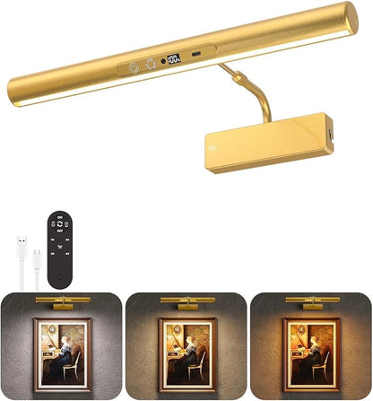 Skairipa Picture Light for Wall, 6000mAh Rechargeable Wireless Wall Lights Remote, 13'' Dimmable LED Art Painting Light with 3 Color Temps, Display for Gallery, Living Room, Hallway (Gold, 1Pack)