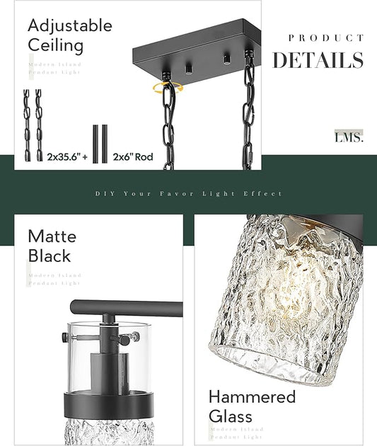 LMS 4-Light Island Lights, Farmhouse Light Fixtures with Hammered Glass Shade, Matte Black Linear Chandelier Pendant Lighting Over Table for Adjustable Height, Kitchen Island, LMS-171BK-4