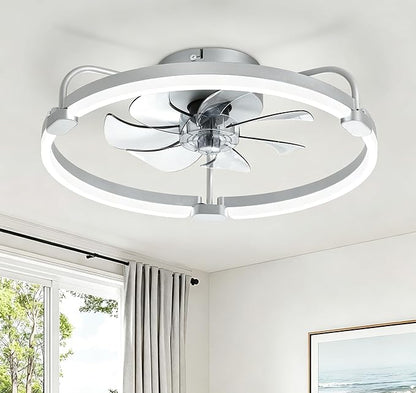 LEDIARY Ceiling Fans with Lights and Remote, 20'' Low Profile Ceiling Fan with Light, 3000-6000K Dimmable Fandelier LED Fan Light, 6 Wind Speeds, Grey Modern Flush Mount Ceiling Fan for Bedroom