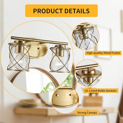 mavcadonf 2-Lights Bathroom Vanity Lights, Bathroom Light Fixtures Over Mirror, Brushed Gold Vanity Light, Farmhouse Wall Lights with Clear Glass Shade, Bathroom Wall Lamp for Mirror Kitchen Bedroom