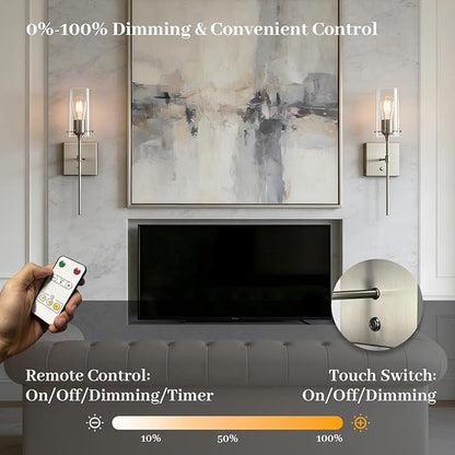 Battery Operated Wall Sconce with Remote Control Set of 2, Dimmable Wall Light Fixture Rechargeable, Nickel Wireless Wall Mount Lamp for Living Room Bedside Hallway Lounge, Bulb Included