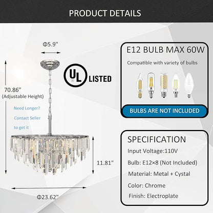 Chrome Crystal Chandelier for Dining Room, 24" Modern Luxury Chandeliers 5-Tier 8 Lights Contemporary Round Ceiling Pendant Light Fixture for Living Room Bedroom Foyer Entryway