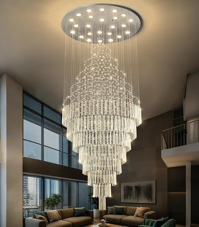 HAIXIANG W47 x H120 Crystal LED Chandelier with Light Bulbs Luxury Raindrop High Ceiling Chandeliers for Entryway Villa Staircase Foyer Living Room Lighting Fixtures Silver