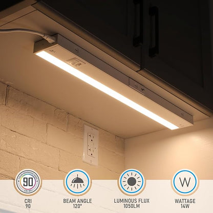 TORCHSTAR 4-Pack 22 Inch LED Under Cabinet Lighting 5CCT, ETL T24, 14W 1050LM, Hardwired & Plug-in, 5 Color Selectable CRI90 120V, Dimmable Under Counter Lights for Kitchen, White Aluminum Housing