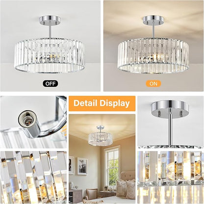 YURNYQ Chrome Crystal Ceiling Light Fixture, Modern Semi Flush Chandelier, Round Hanging Lighting Chandeliers for Dining Room, Kitchen, Bedroom, 3-Light, 15.74 Inch