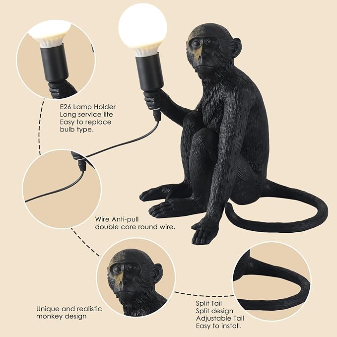 Modern Resin Monkey Wall Lamp Table Lamp Hemp Rope Pendant Light Vintage Monkey Lamp for Home Decor Dining Living Room Bedroom Entryway (Black, Table)