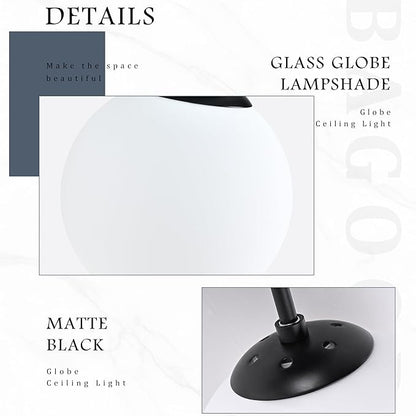 Bagood 8" Black Semi Flush Mount Ceiling Light Fixture Milk Glass Globe Ceiling Light Fixtures Hallway Light Fixtures Mid Century Ceiling Lights Matte Black Finish for Entryway Foyer (Bulb Incl.)