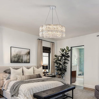 24’’ Crystal LED Chandelier with Remote Control Dimmable 3000-6500K Contemporary Luxury Chandeliers Modern Chrome Light Fixture for Dining Living Room Kitchen Island Foyer Entryway