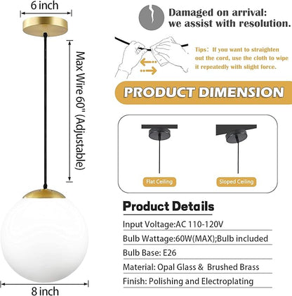 KoKo&Yukina 8 Inch Gold Modern Globe Pendant Light White Glass with Brass Finish Contemporary Mid Century Adjustable Hanging Light Fixture for Living Room Bedroom Bathroom Kitchen (Bulb Incl.)
