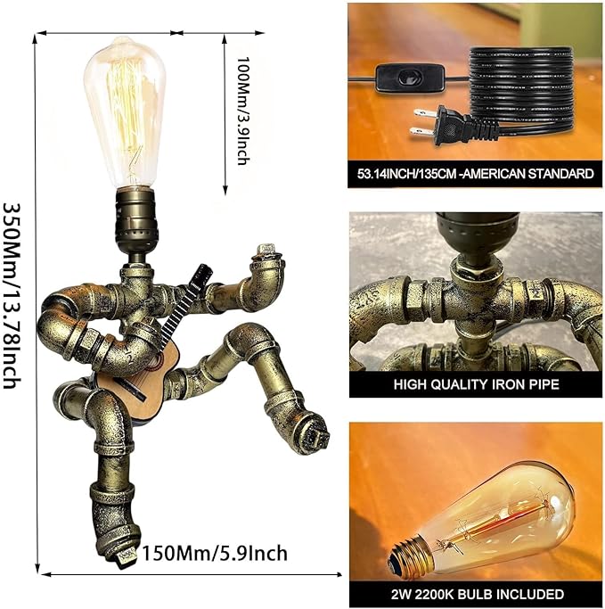 Pipe-Man Guitar-Playing Steampunk Lamp with Edison Bulb, Vintage Industrial Decor Table/Desk Lamp, Unique Handmade Gift for Music Lovers (American Style)