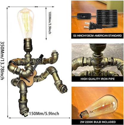 Pipe-Man Guitar-Playing Steampunk Lamp with Edison Bulb, Vintage Industrial Decor Table/Desk Lamp, Unique Handmade Gift for Music Lovers (American Style)