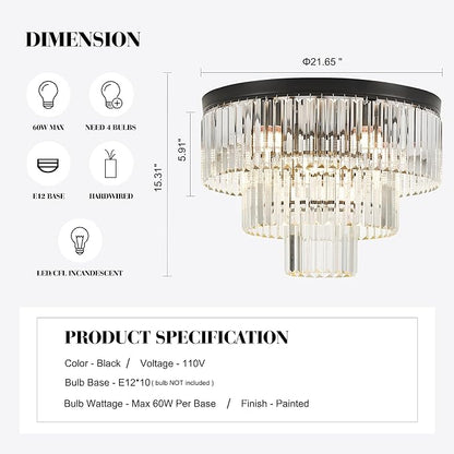21.65" Black Crystal Ceiling Light 10-Light Modern Crystal Ceiling Light Fixture 3-Tier Luxury K9 Crystal Ceiling Light,for Dining Room Kitchen Island Living Room Bedroom