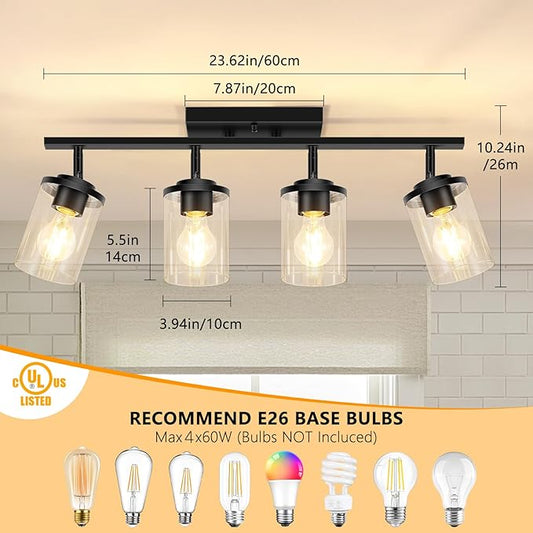 FadimiKoo 4-Lights Track Lighting Fixtures Ceiling with Clear Glass Shades, Modern Black Semi Flush Mount Ceiling Light, Rotatable Wall Mount Ceiling Lamp for Kitchen Hallway Bedroom