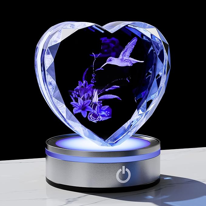 Qianwei Hummingbird Gifts for Women 3D Crystal Heart - Laser Hummingbird Decor Glass Animals Humming Bird Gifts Figurines Statue Stuff for Room Decorations Bird Night Light