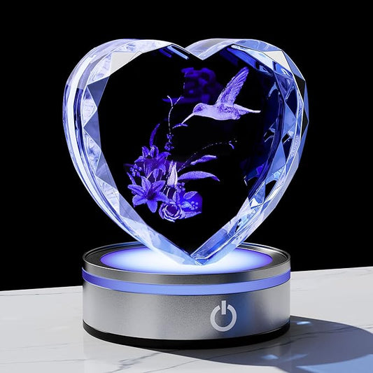 Qianwei Hummingbird Gifts for Women 3D Crystal Heart - Laser Hummingbird Decor Glass Animals Humming Bird Gifts Figurines Statue Stuff for Room Decorations Bird Night Light