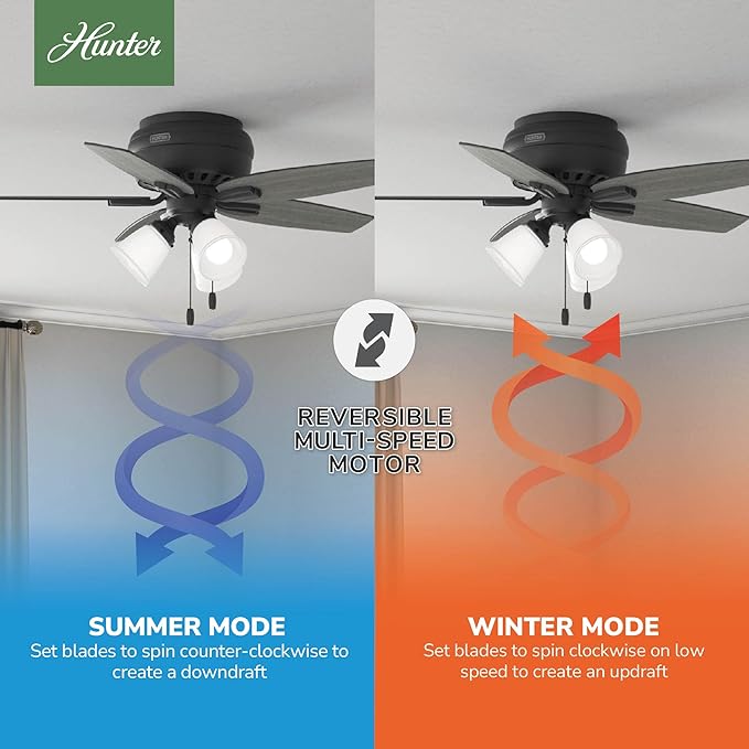 Hunter 42 inch Indoor Ceiling Fan with LED Lights - Black Ceiling Fan with Pull Chain, For Bedroom or Living Room, Low Profile Flush Mount, No Remote, 5 Blades - Newsome 52393, Matte Black