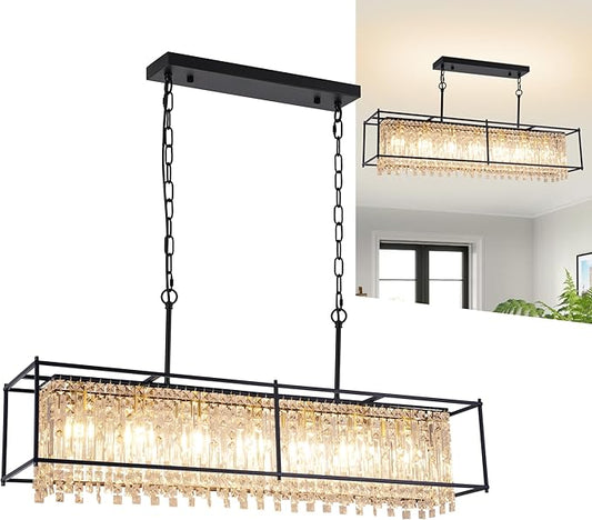 Crystal Chandeliers for Dining Room,50IN Modern Black Chandelier for Living Room, Adjustable Height, 7-Light Pendant Light Fixture,Rectangle Lighting for Kitchen Island Living Room