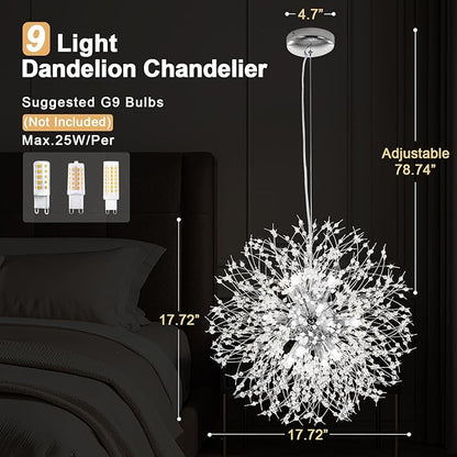 Modern Firework Chrome Crystal Chandeliers, Sputnik Dandelion Chandelier Light Fixture Pendant Lighting for Dining Room, Living Room, Bedroom, Kitchen, Restaurant- 9 Lights