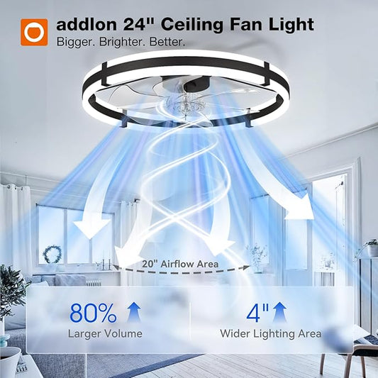 addlon 24'' Ceiling Fans with Lights and Remote, Low Profile Flush Mount Ceiling Fan with Light, 3000-6000K Dimmable LED Fandelier, Modern Small Black Ceiling Fan for Bedroom, Kitchen, Living Room