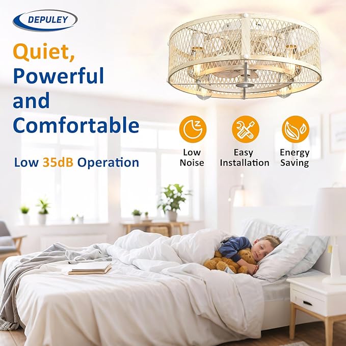 Depuley Flush Mount Ceiling Fan: 20" Caged Ceiling Fans with Lights and Remote Control for Kitchen Bedroom Farmhouse - Rustic Low Profile Ceiling Fandelier Lights Reversible 6 Speed Timer Cement
