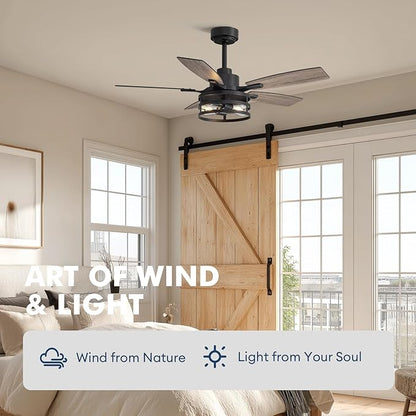 42 Inch Ceiling Fans with Lights and Remote Control, Farmhouse Ceiling Fan with LED Lighting for Bedroom Living Room and Patio, Black Caged Ceiling Fan for Indoor and Outdoor(NO Bulbs)