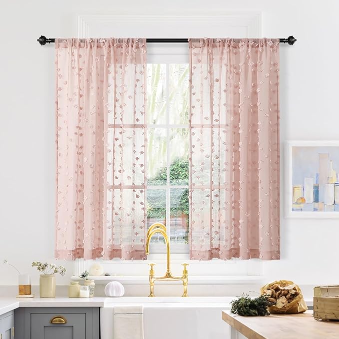 MYSKY HOME Pink Sheer Short Curtains for Small Windows Kitchen 45 inch Long with Pom Pom Bedroom Nursery Kids Girls Room Curtains Cafe Light Filtering Boho Drapes, Rod Pocket,52" Wide, 2 Panels
