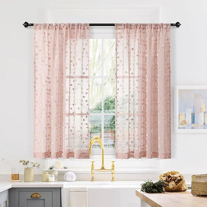 MYSKY HOME Pink Sheer Short Curtains for Small Windows Kitchen 45 inch Long with Pom Pom Bedroom Nursery Kids Girls Room Curtains Cafe Light Filtering Boho Drapes, Rod Pocket,52" Wide, 2 Panels