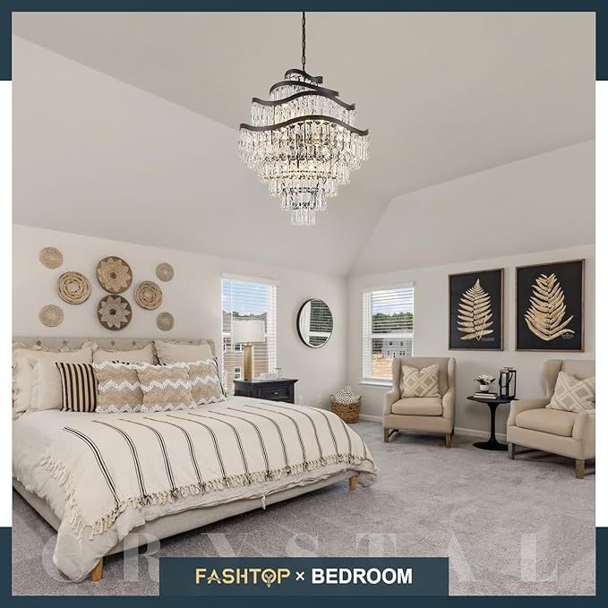 9-Tier 16 Lights Crystal Chandelier Luxury Light Fixtures 24" Black K9 Crystal Pendant Ceiling Lighting for Living Room Dining Room Foyer Bedroom Kitchen, E12