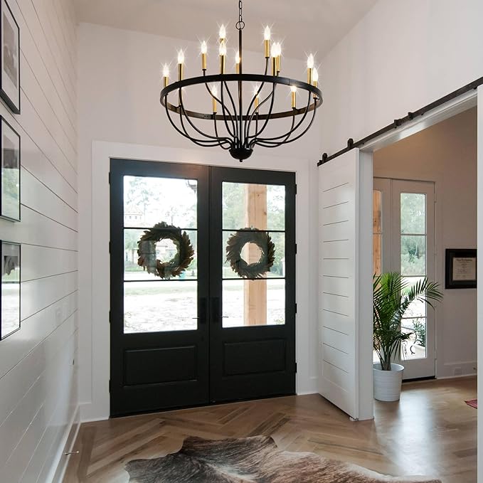 Modern Farmhouse Chandelier for Dining Room 15 Lights, Industrial Black and Gold Lighting Fixture, Candle Pendant Light for Kitchen Island High Ceilings Living Room Hallway Entryway Foyer