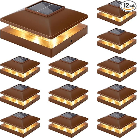 Solar Post Cap Lights Outdoor 12pack, Brown Waterproof Solar Powered Deck Fence Post Lights Fit 4x4 Wood/Vinyl Posts, Bright Warm White Solar Post Lights Decorate Deck, Patio, Porch, Fence