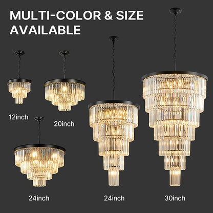 Crystal High Ceiling Chandelier Modern: 30-Inch 7-Tiered Black Staircase Chandeliers - Large Long Hanging Pendant Light Fixture For Entryway Foyer Living Room Luxury Round Flush Mount Ceilings Lights