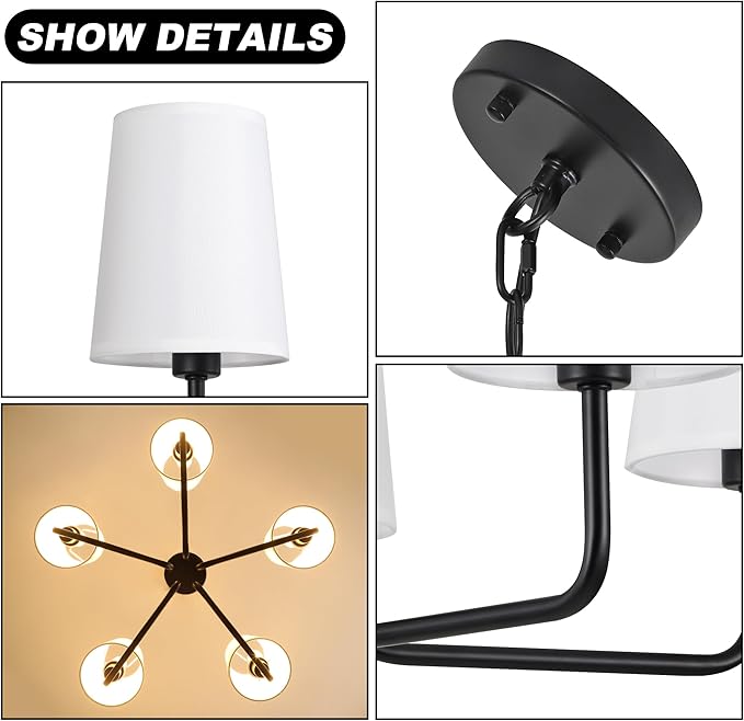 5-Light Farmhouse Chandelier, 25''Matte Black Linear Pendant Light with White Linen Shades, Adjustable Hanging Island Lighting for Kitchen, Dining Room, Foyer
