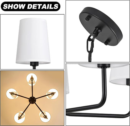 5-Light Farmhouse Chandelier, 25''Matte Black Linear Pendant Light with White Linen Shades, Adjustable Hanging Island Lighting for Kitchen, Dining Room, Foyer